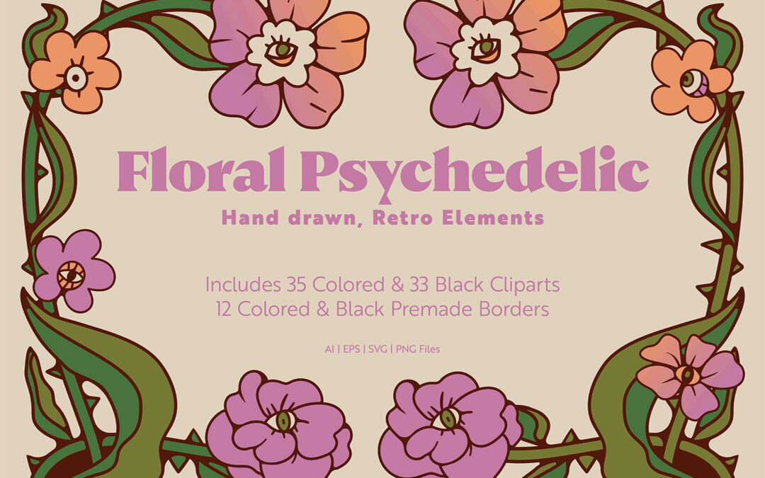 Floral Psychedelic | Retro Clip Arts and Borders Vector and PNGs Elements