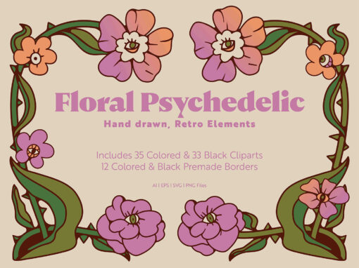 Floral Psychedelic | Retro Clip Arts and Borders Vector and PNGs Elements